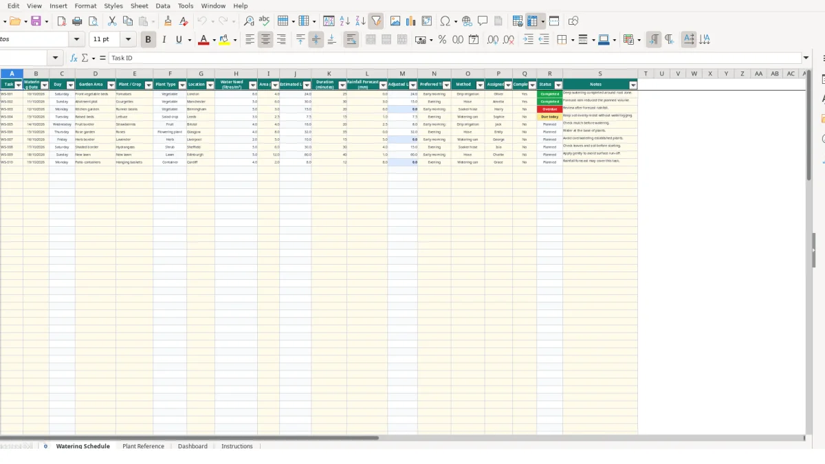 Screenshot 1: Watering Schedule tab - Excel template garden watering schedule excel template uk