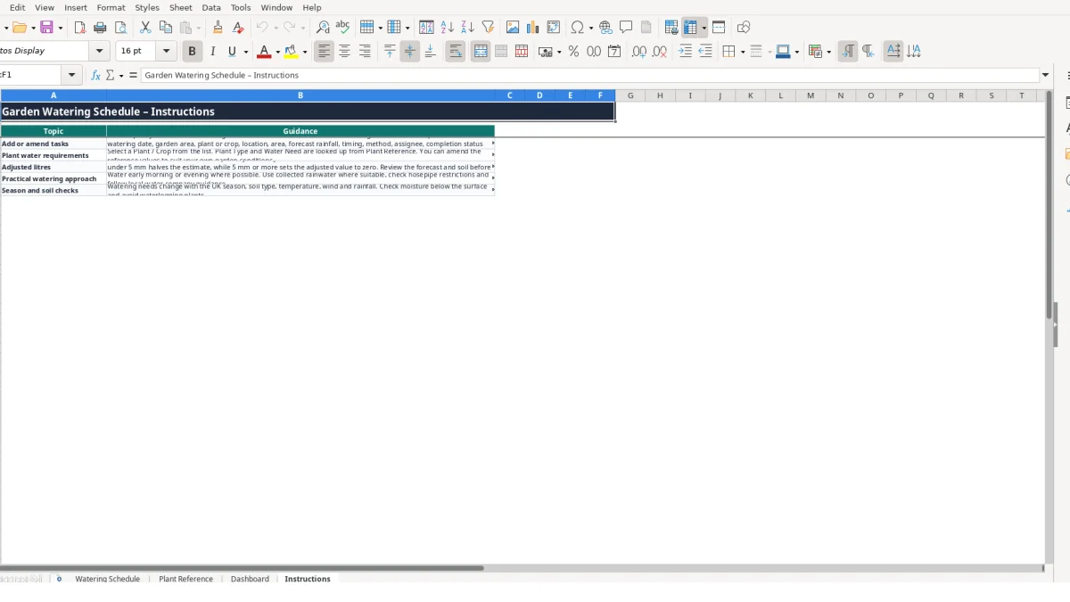 Screenshot 4: Instructions tab - Excel template garden watering schedule excel template uk