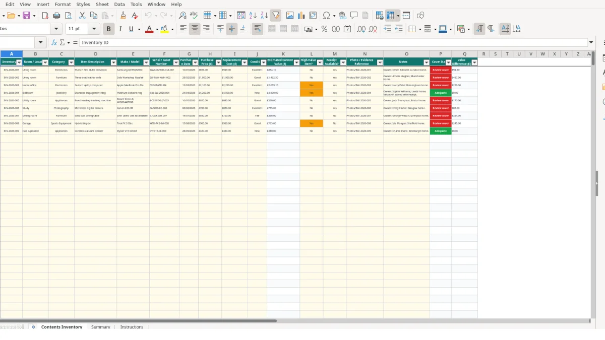 Screenshot 1: Contents Inventory tab - Excel template home contents inventory excel template uk