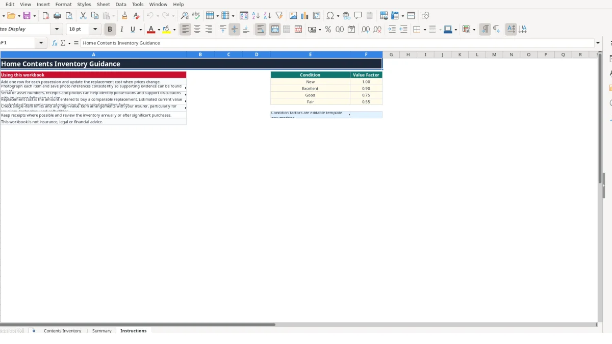 Screenshot 3: Instructions tab - Excel template home contents inventory excel template uk